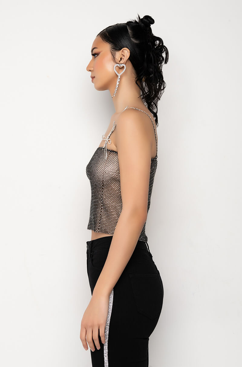 XENA RHINESTONE MESH BOW DETAIL CROPPED TANK