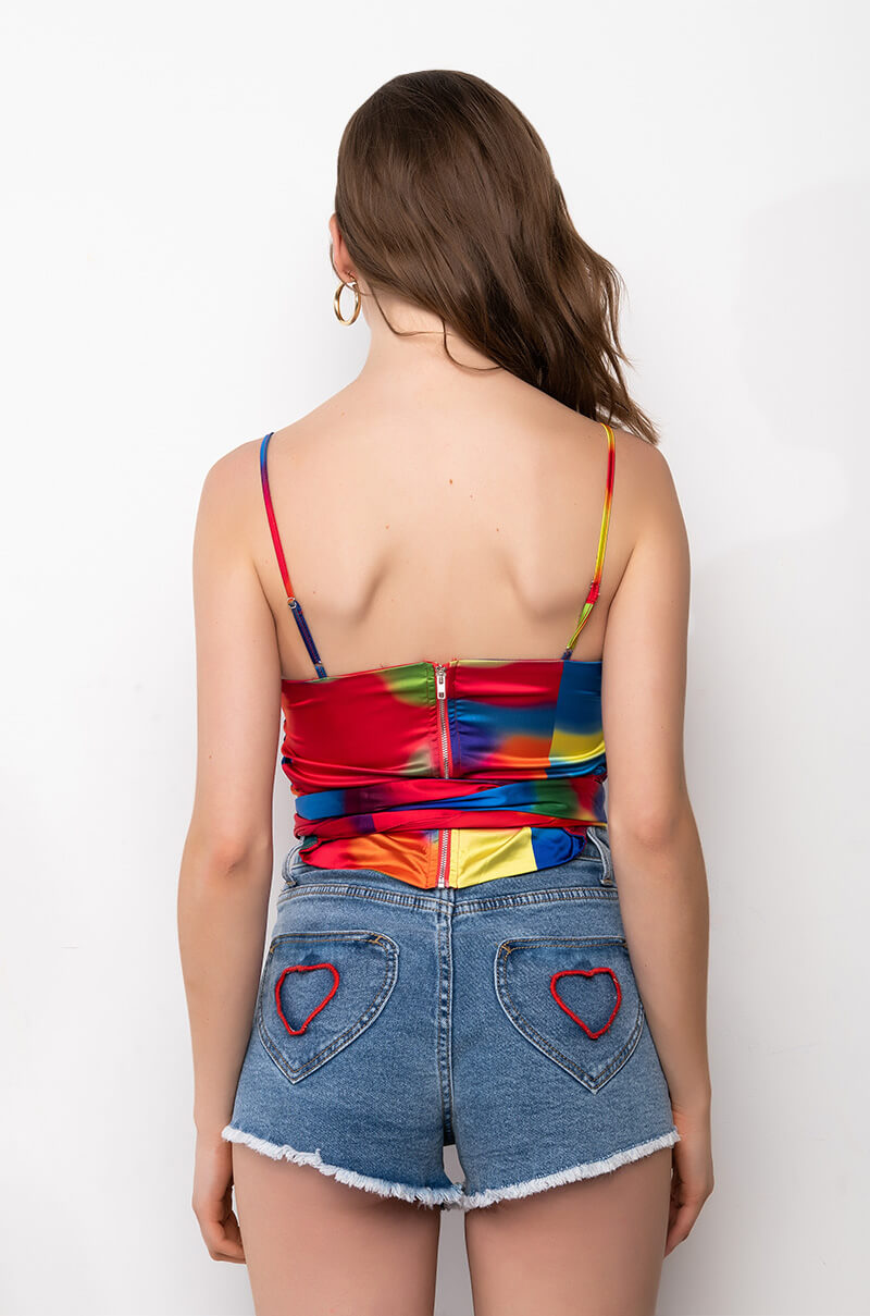 TASTE THE RAINBOW WRAP FRONT SLEEVELESS SATIN BLOUSE