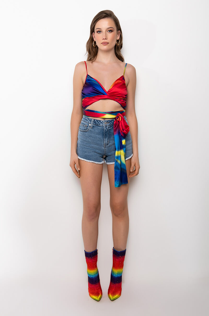 TASTE THE RAINBOW WRAP FRONT SLEEVELESS SATIN BLOUSE