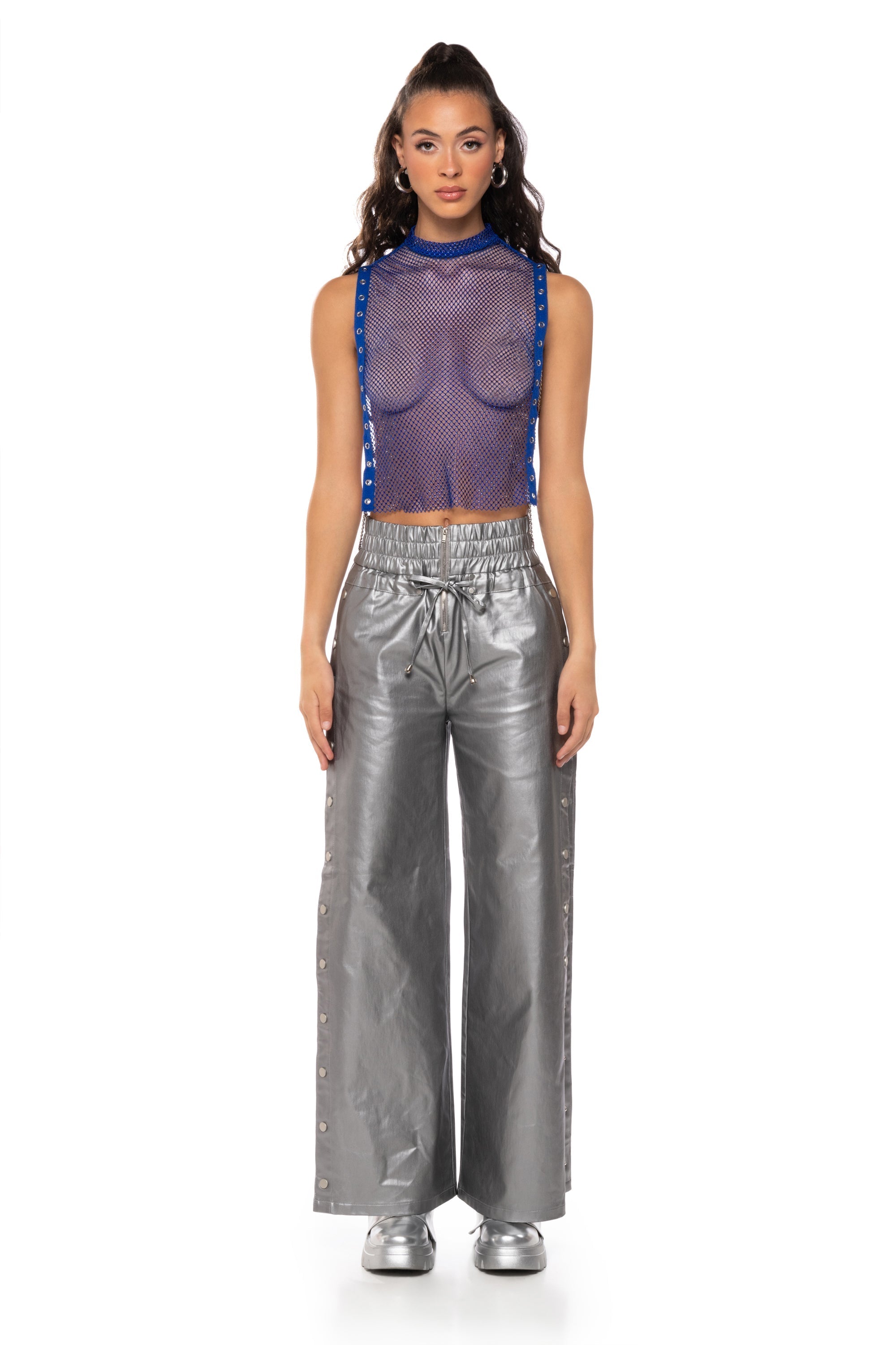 TEARS IN THE CLUB OPEN SIDES MOCK NECK RHINESTONE MESH BLOUSE