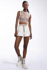 TEARS IN THE CLUB OPEN SIDES MOCK NECK RHINESTONE MESH BLOUSE