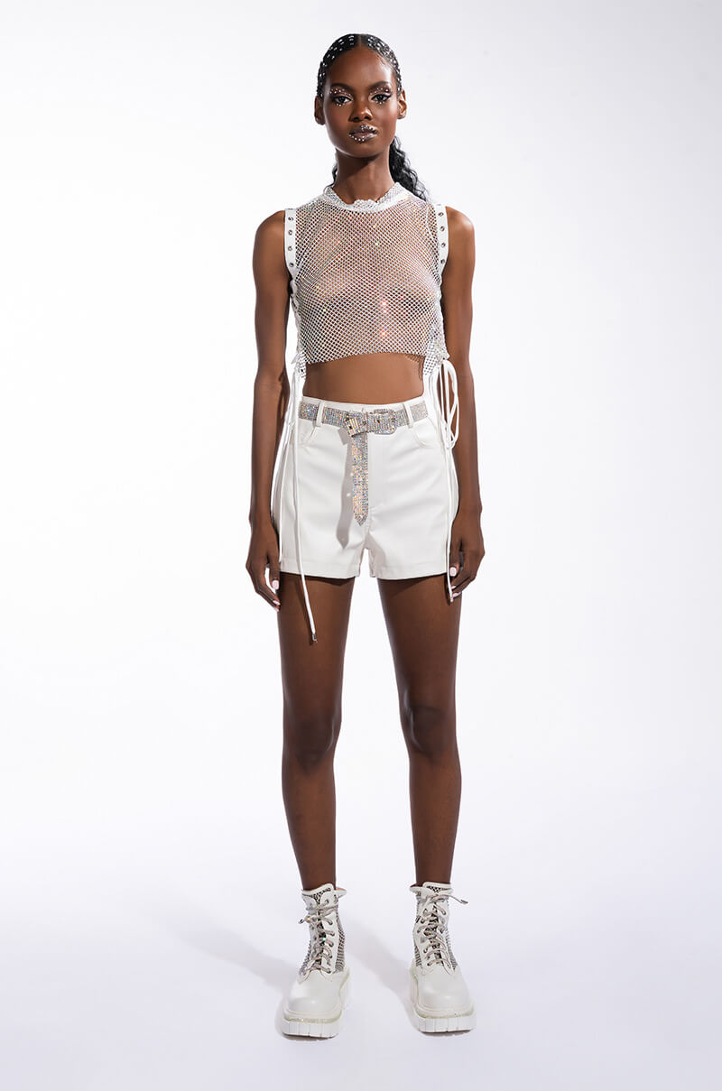 TEARS IN THE CLUB OPEN SIDES MOCK NECK RHINESTONE MESH BLOUSE