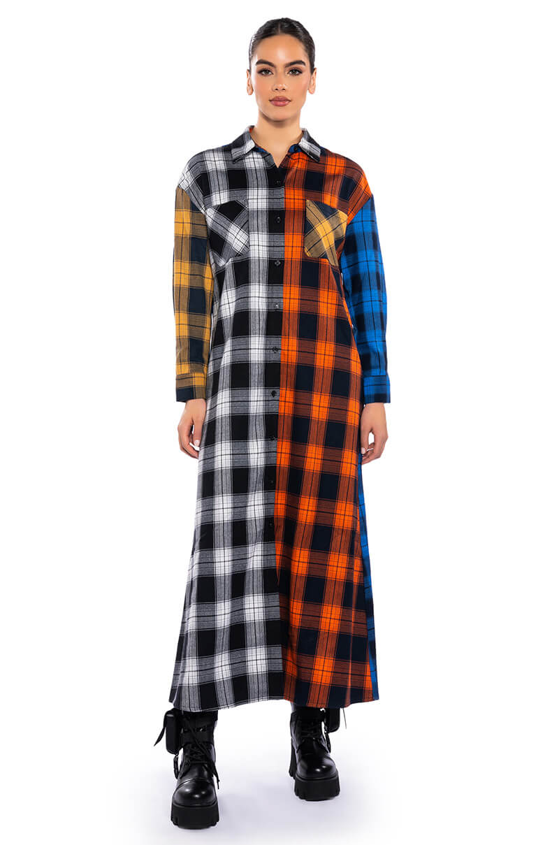 TEEN SPIRIT ULTRA LONG PLAID BUTTON DOWN