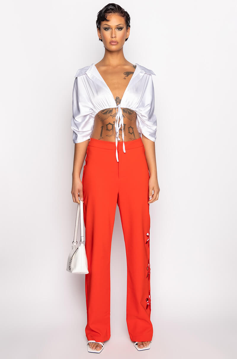 THERE GOES THE ALARM HIGH WAISTED CUTOUT STRAIGHT LEG TROUSERS