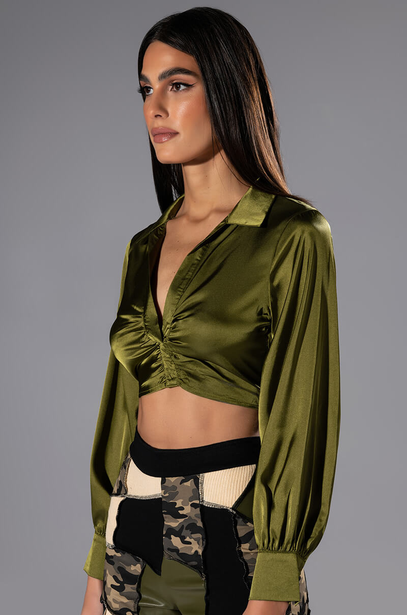THINKING ABOUT FOREVER CROPPED SATIN BUTTON DOWN