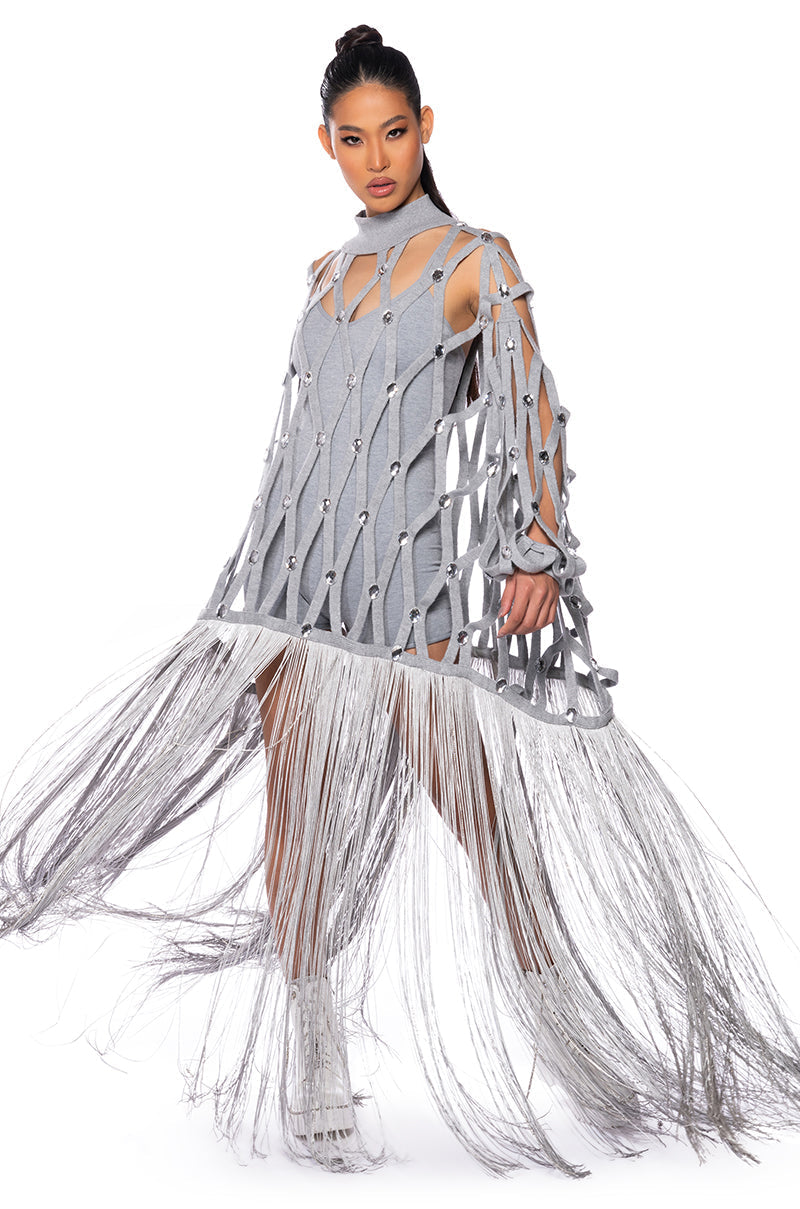 TIED UP FRINGE EMBELLISHED LONG SWEATER