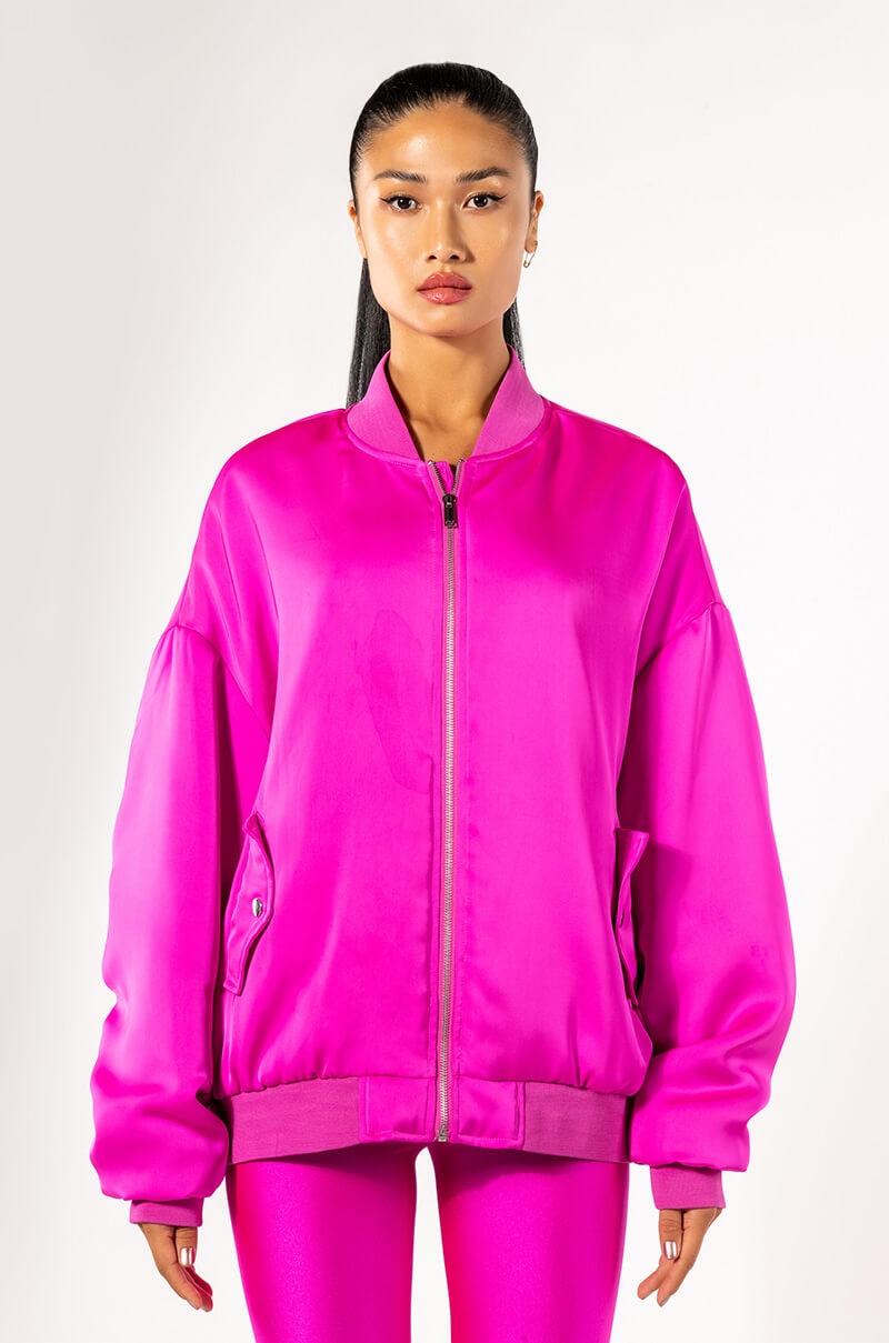 OVERSIZED SATIN BOMBER WITH RUCHED SLEEVES
