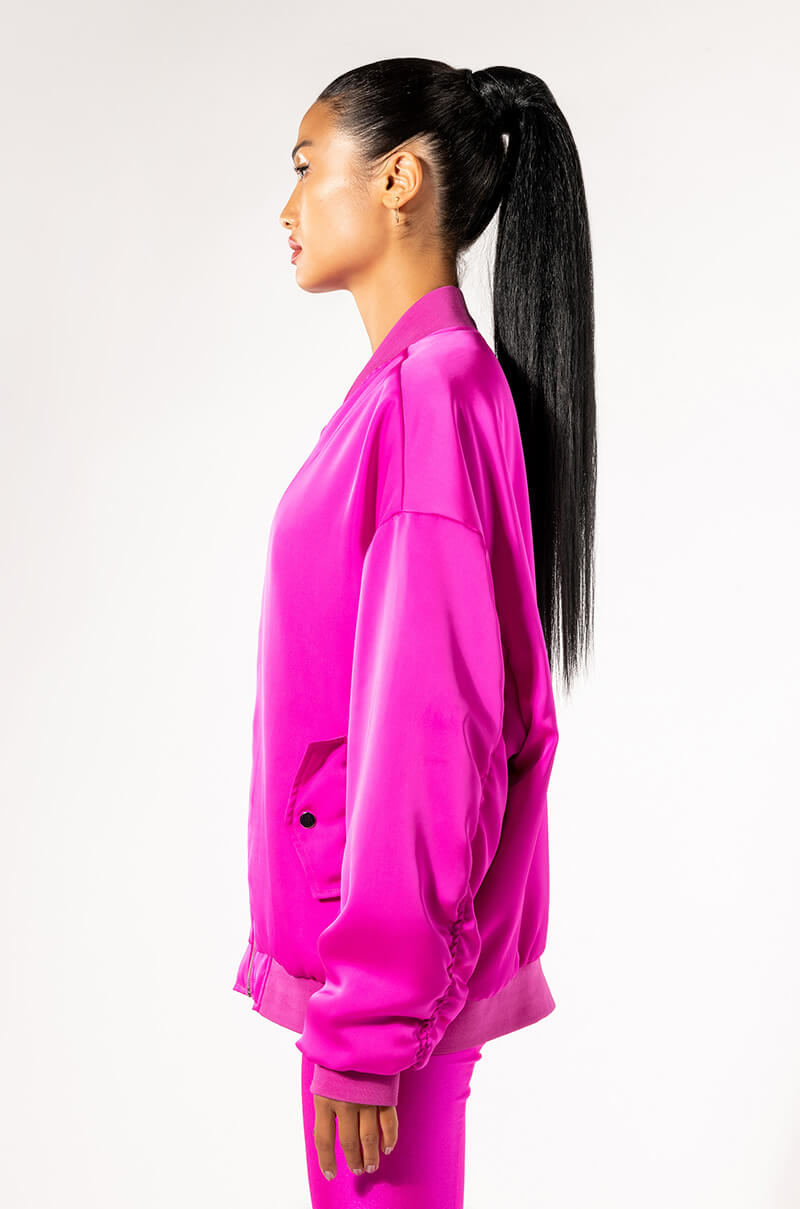OVERSIZED SATIN BOMBER WITH RUCHED SLEEVES