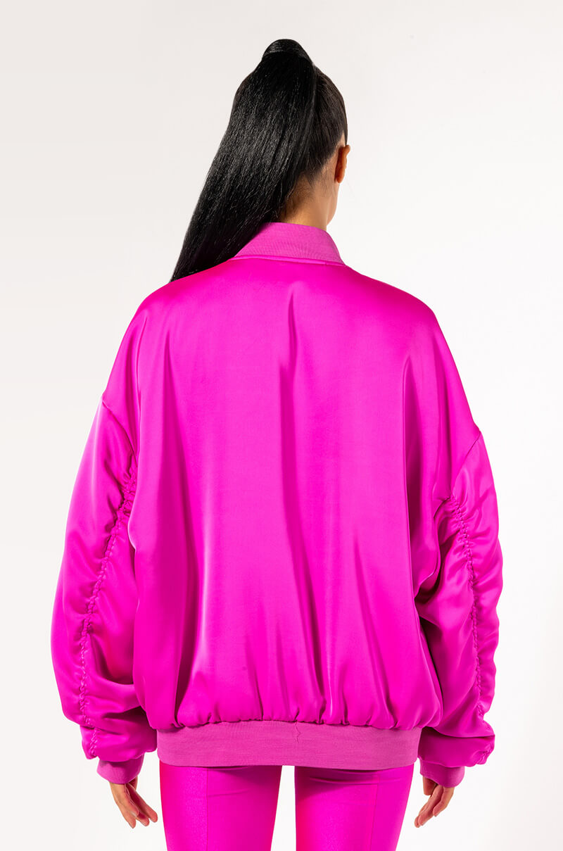 OVERSIZED SATIN BOMBER WITH RUCHED SLEEVES