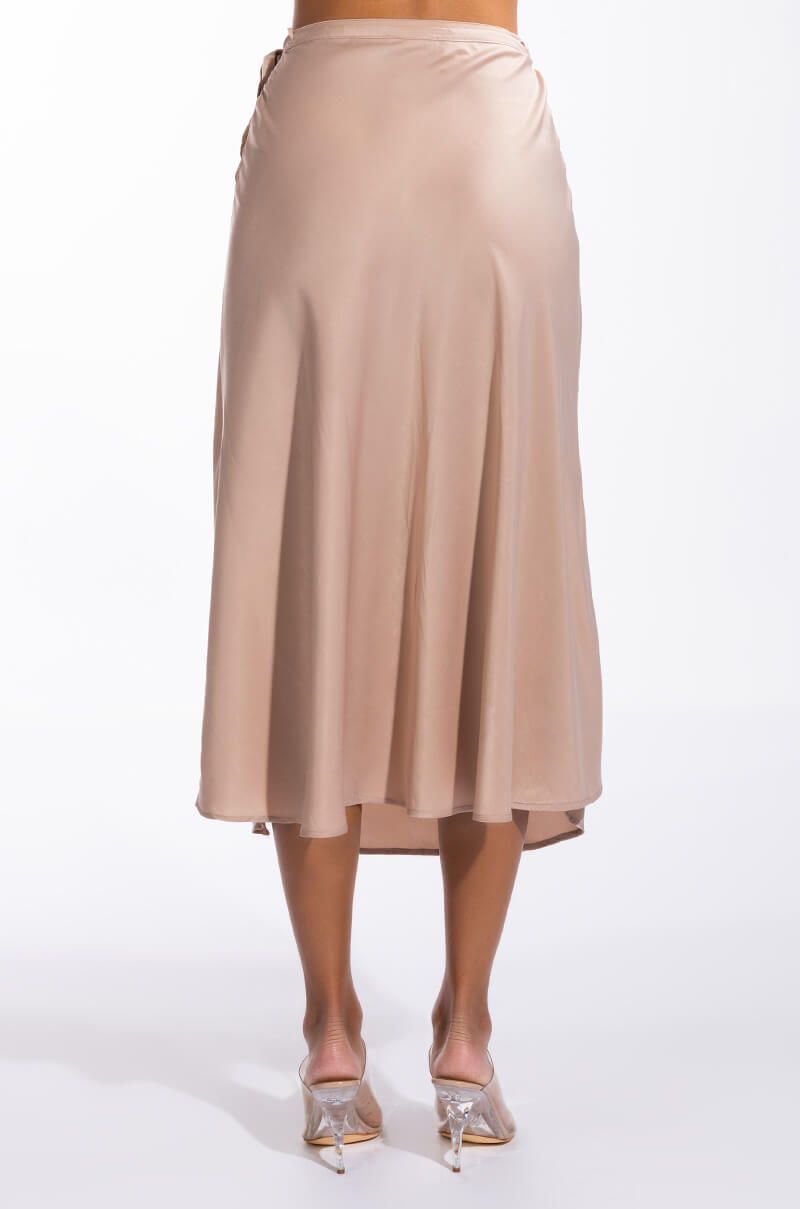 TO THE CHATEAU HIGH SLIT SATIN MIDI SKIRT