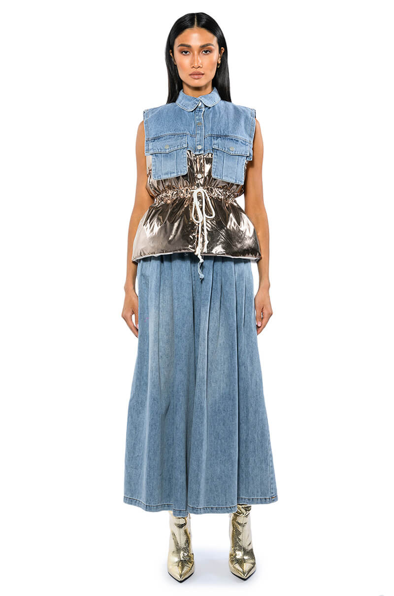 TO THE MOON METALLIC PUFFER VEST WITH DENIM