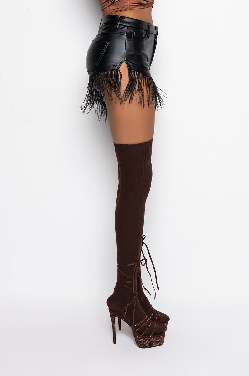 TOO COCKY FEATHER TRIM FAUX LEATHER SHORTS
