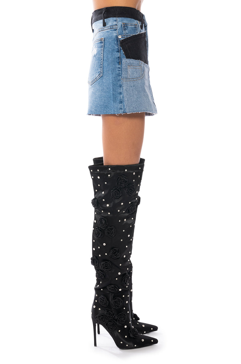 PATCHWORK DENIM MINI SKIRT