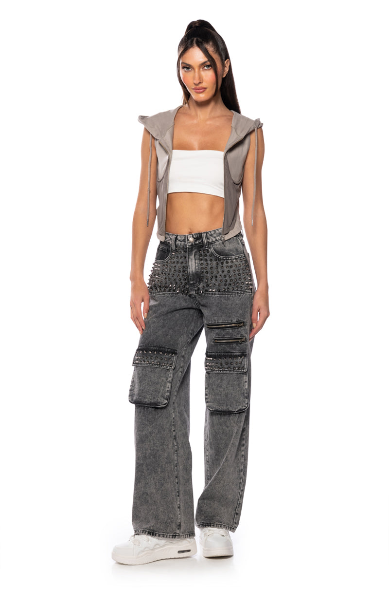 TURN IT UP STUD EMBELLISHED UTILITY JEANS