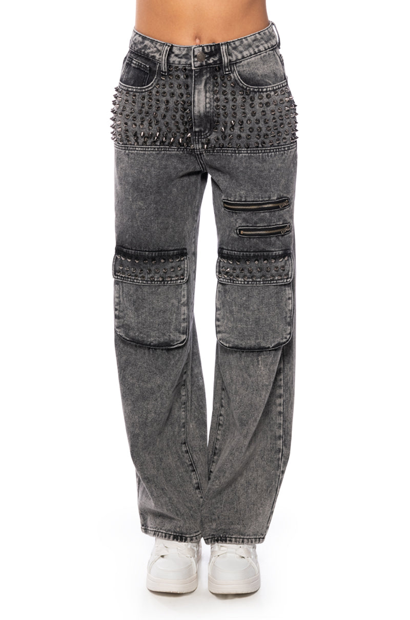 TURN IT UP STUD EMBELLISHED UTILITY JEANS