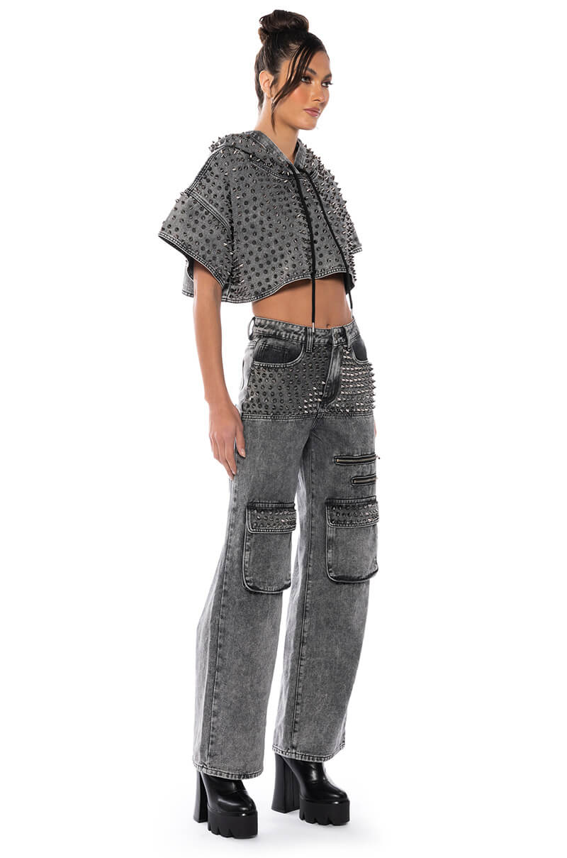 TURN IT UP STUD EMBELLISHED UTILITY JEANS