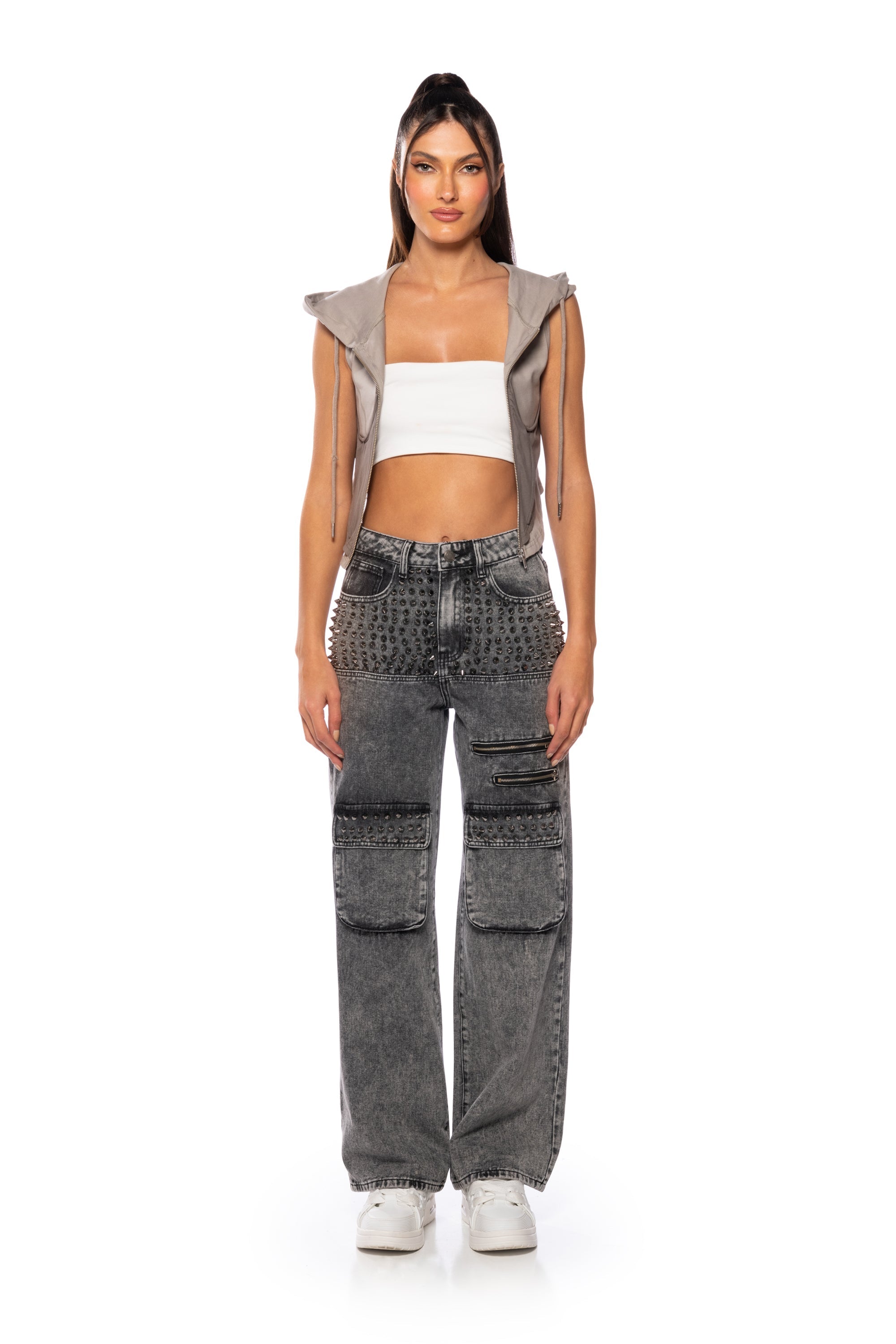 TURN IT UP STUD EMBELLISHED UTILITY JEANS