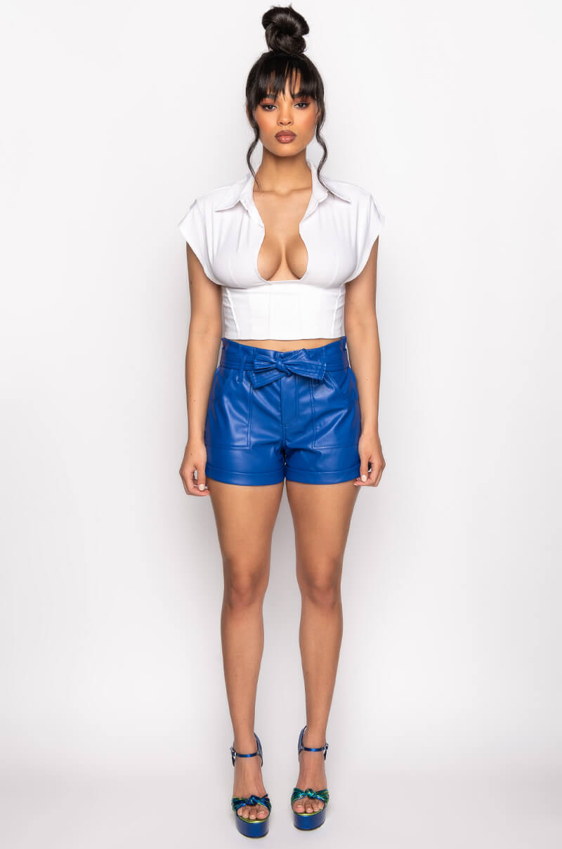 TWO STEPS AHEAD FAUX LEATHER PAPER BAG WAIST SHORTS