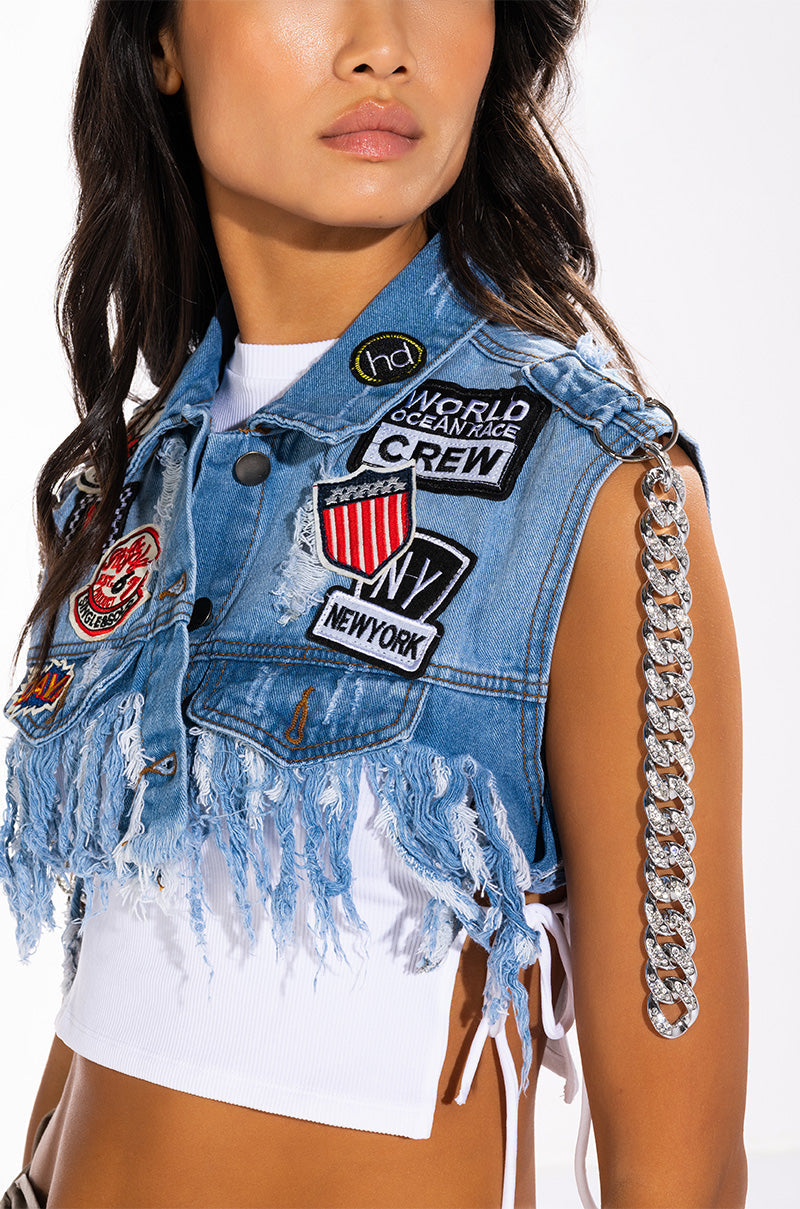 ULTRA CROP DENIM VEST WITH CHAINS AND PATCHES