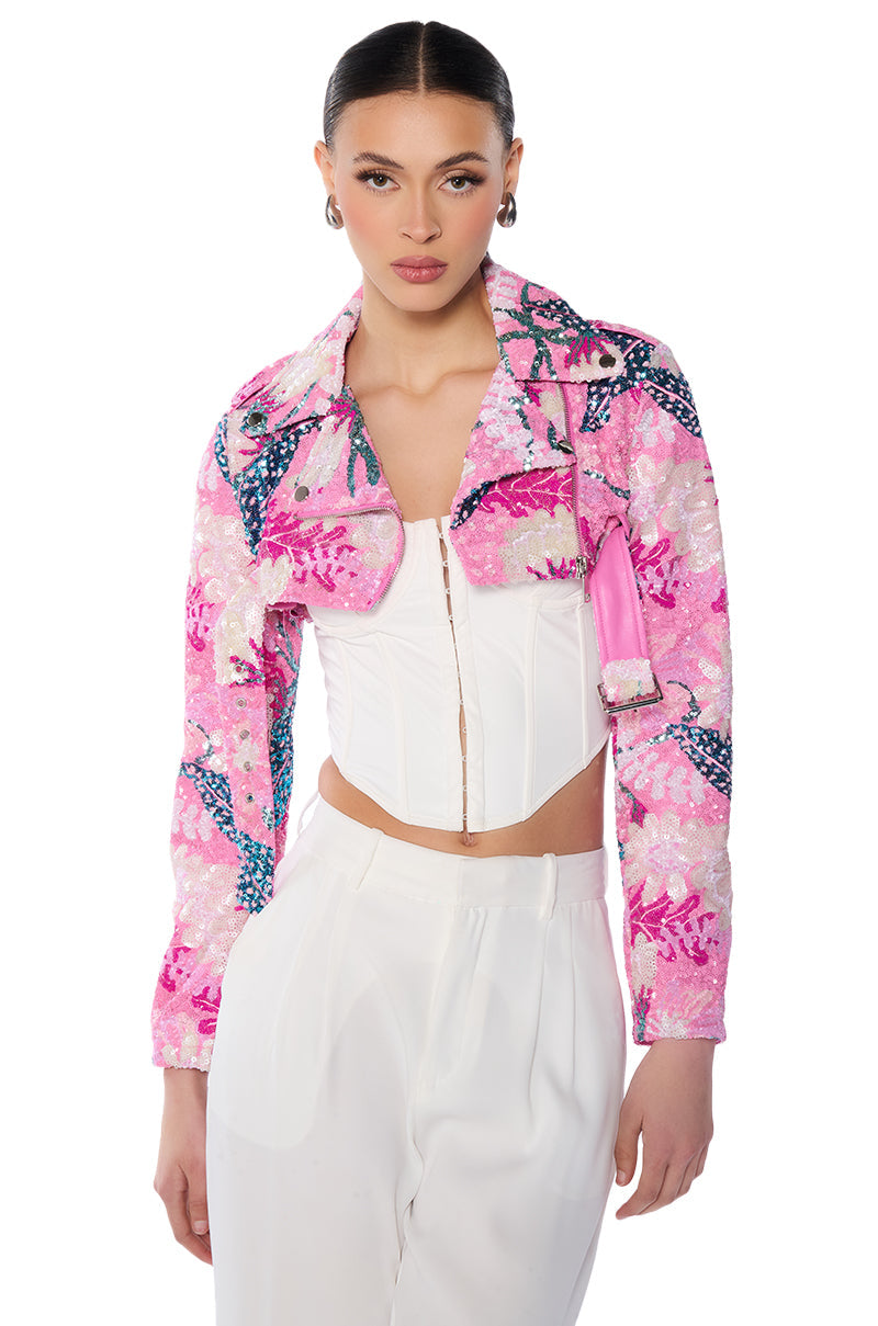 ULTRA CROP MOTO WITH FLORAL SEQUINS