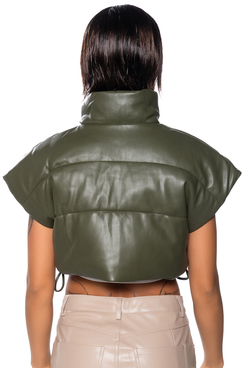 ULTRA CROP PU VEST WITH PULL STRINGS IN OLIVE