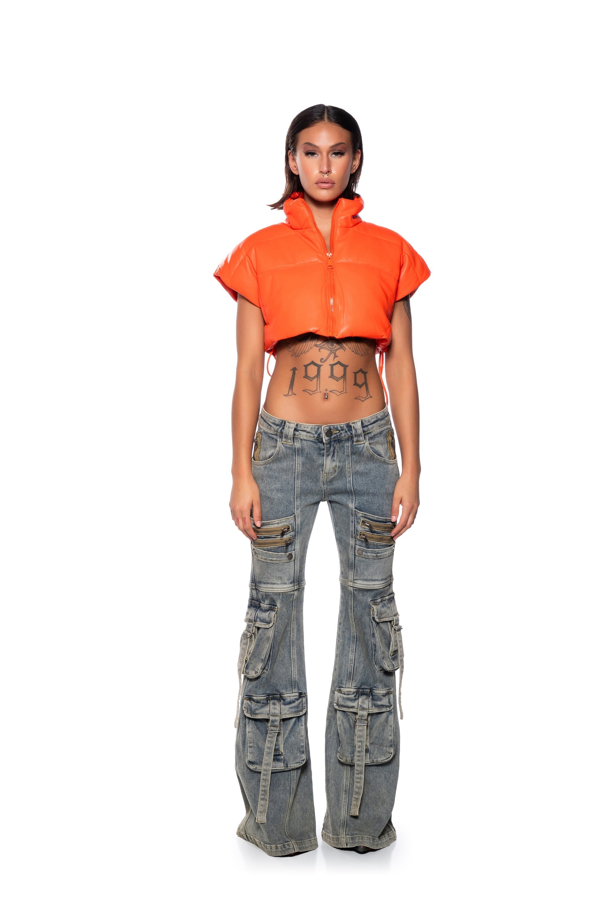 ULTRA CROP PU VEST WITH PULL STRINGS IN OLIVE