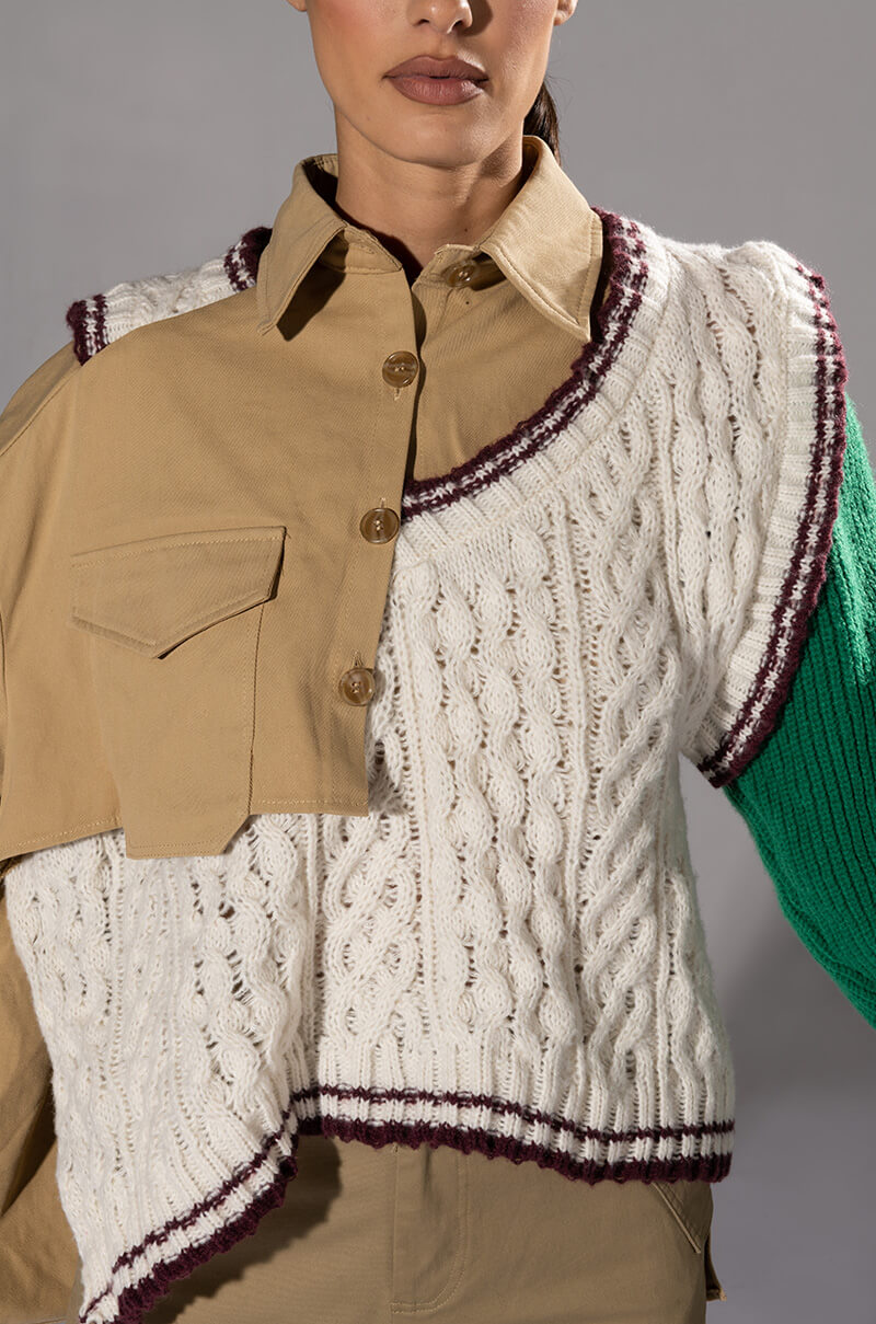 UNDECIDED MIXED MATERIAL BUTTON DOWN TOP