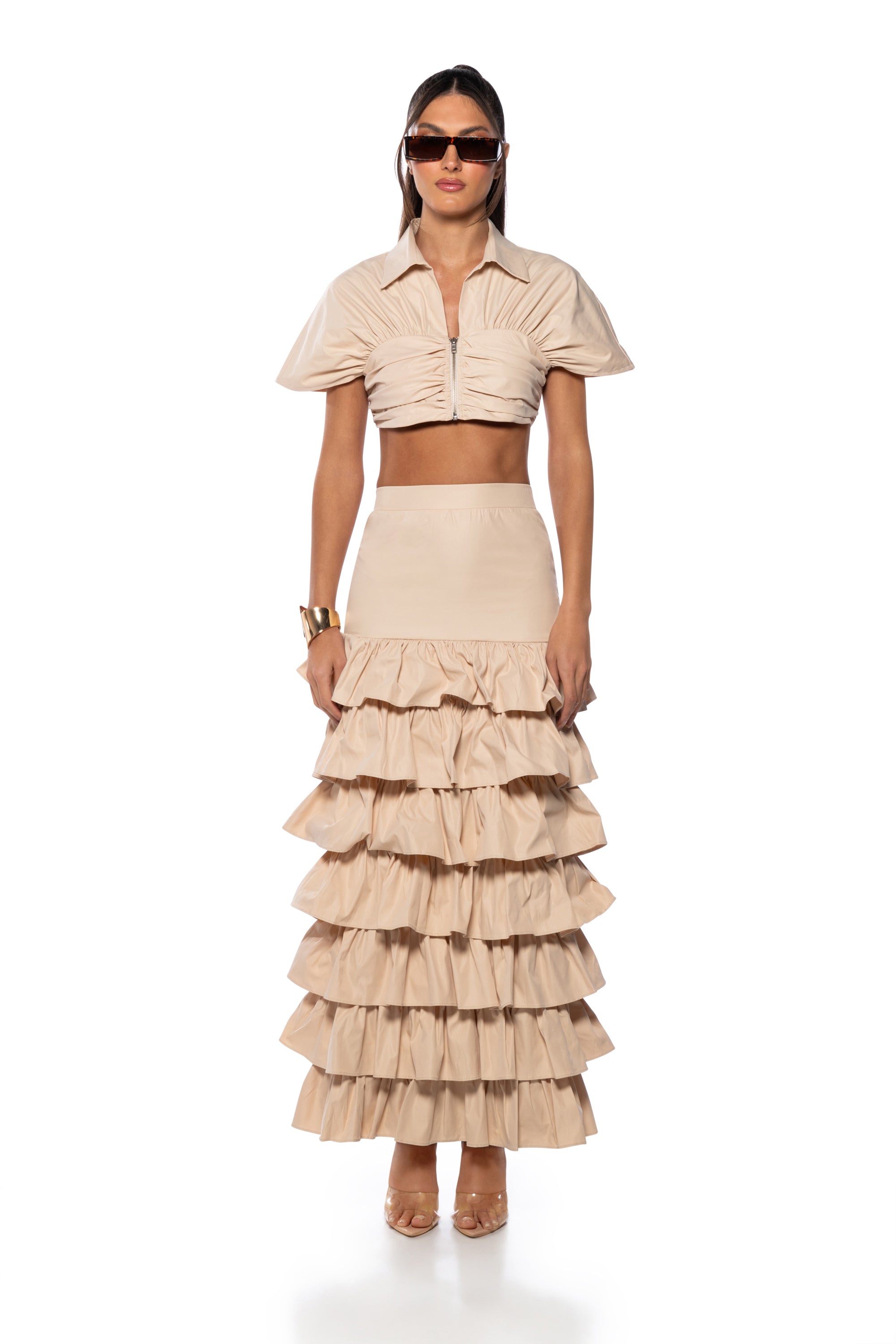UNDER THE SUN BUTTON UP FLOUNCE CROP TOP