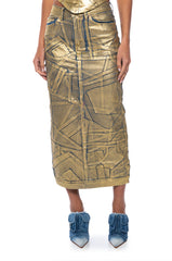 GIGI METALLIC PATCHWORK DENIM SKIRT