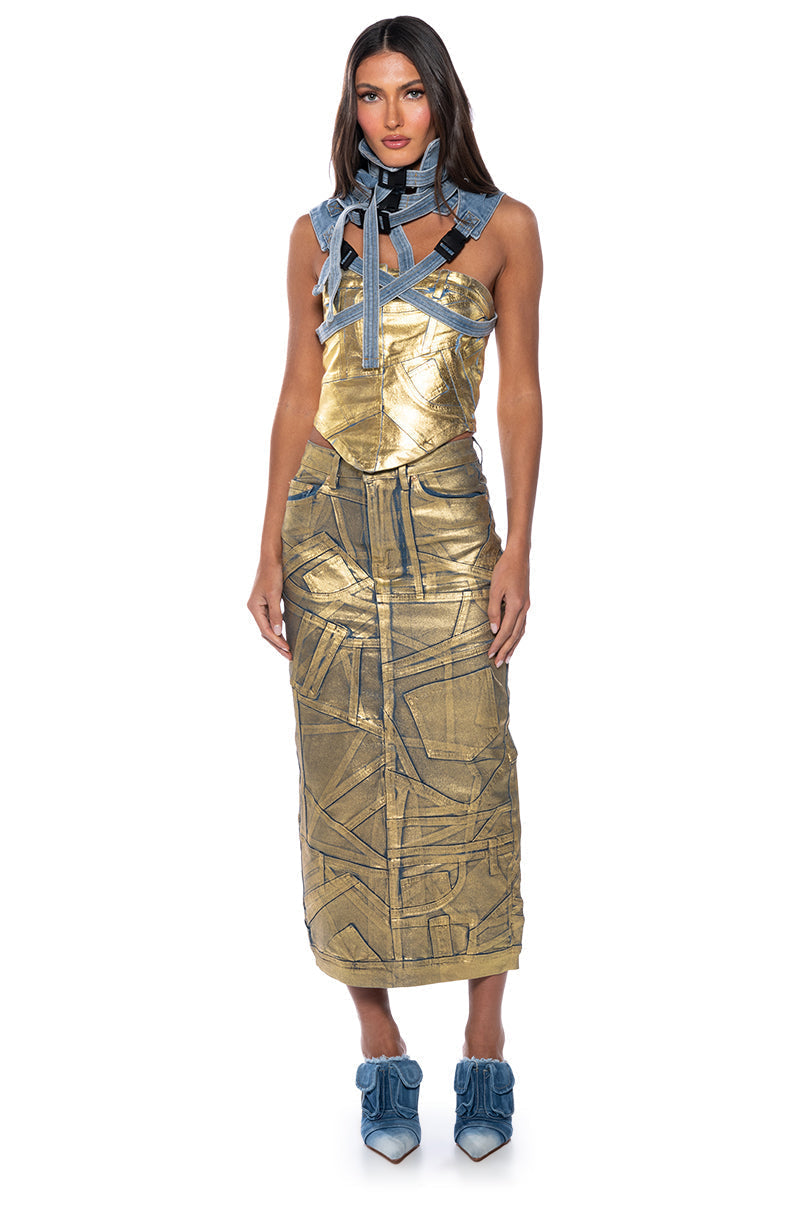 GIGI METALLIC PATCHWORK DENIM SKIRT