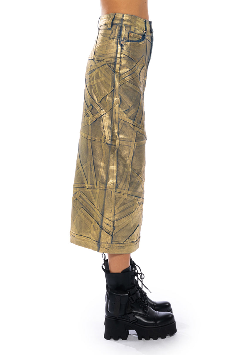 GIGI METALLIC PATCHWORK DENIM SKIRT