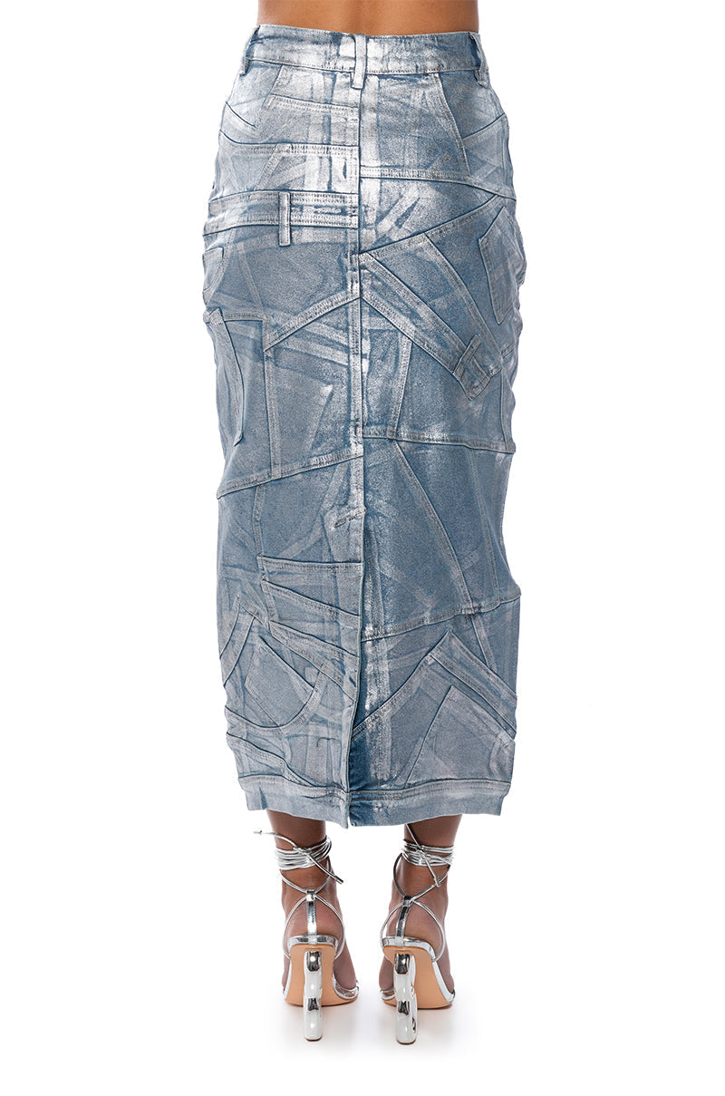 GIGI METALLIC PATCHWORK DENIM SKIRT