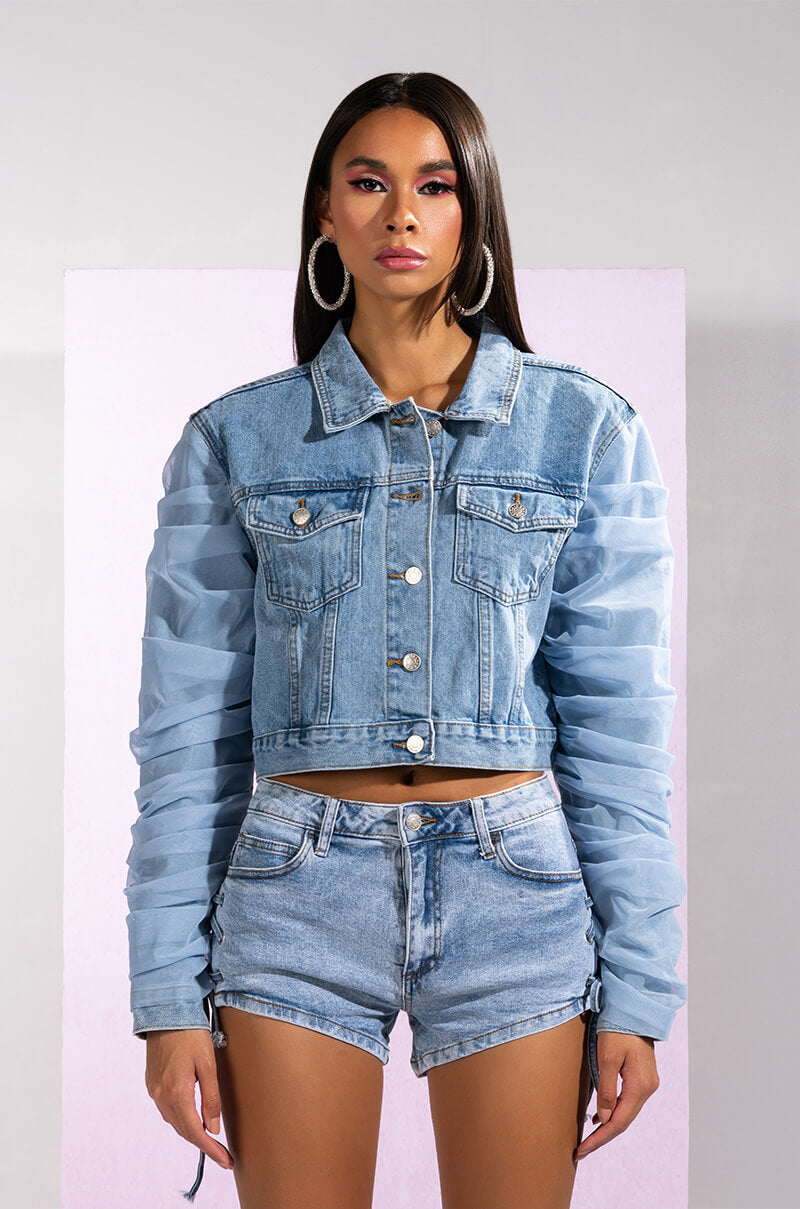 TULLE RUCHED ARM DENIM JACKET