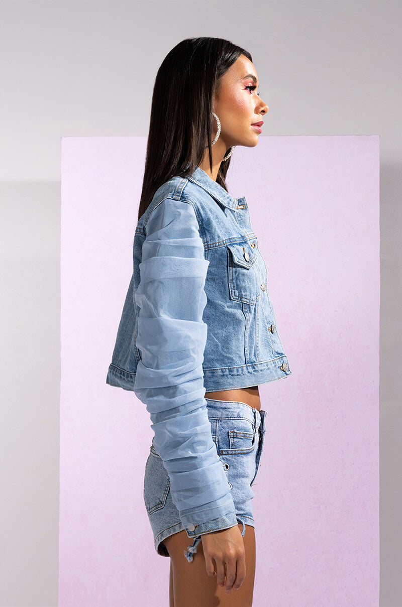 TULLE RUCHED ARM DENIM JACKET