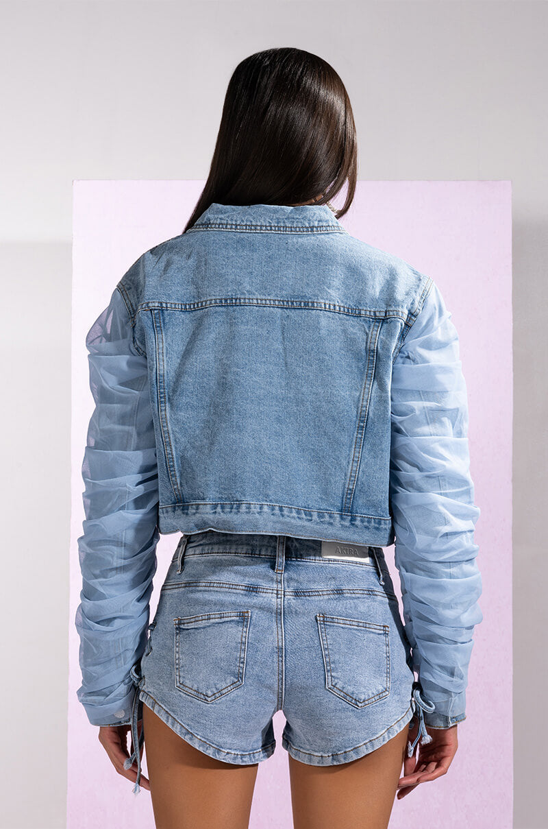 TULLE RUCHED ARM DENIM JACKET