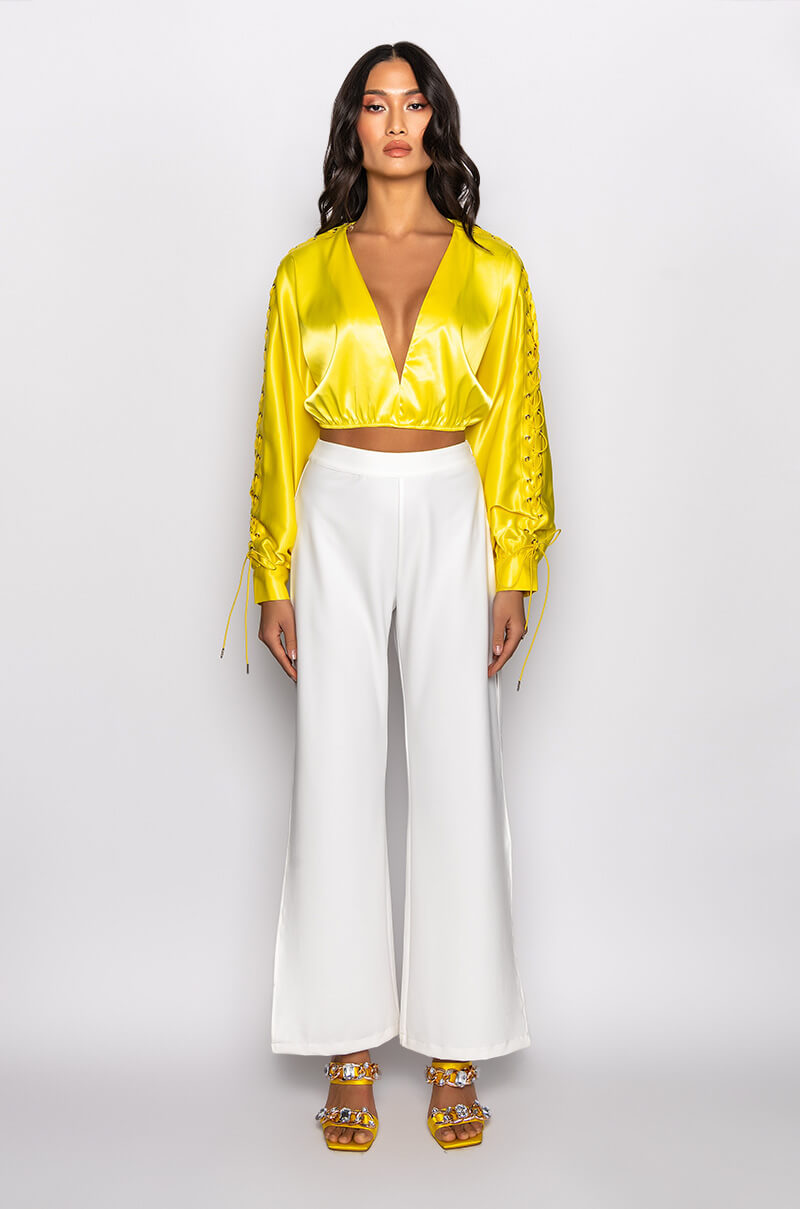 UNPROBLEMATIC LACE UP SLEEVES SATIN BLOUSE