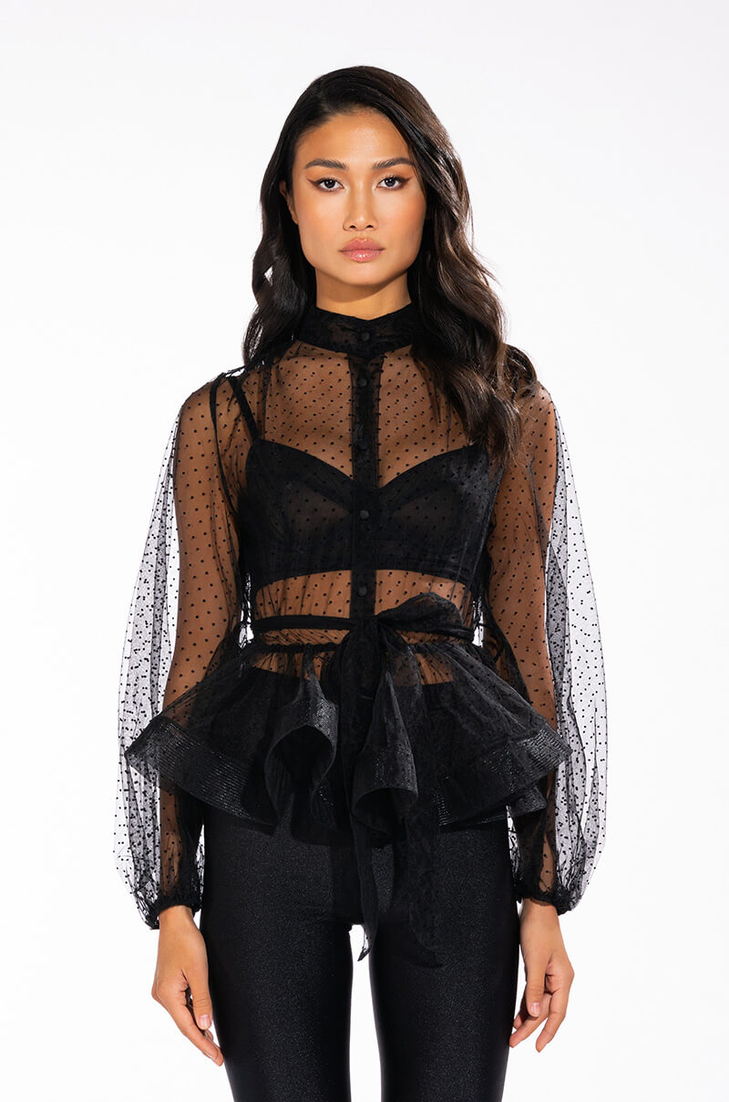 UPPER EAST SIDE TIE NECK LONG SLEEVE PEPLUM BLOUSE
