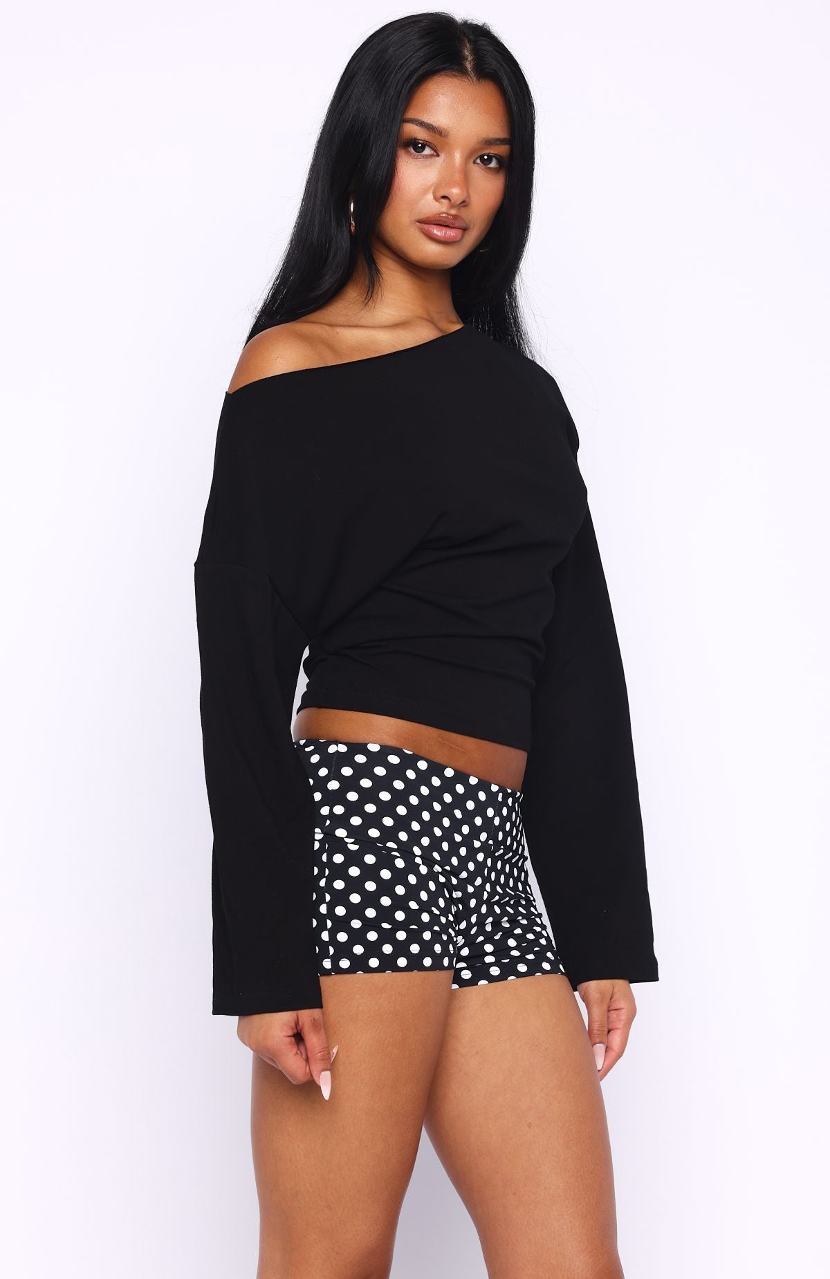 Falling For Him Cinched Waist Off Shoulder Long Sleeve Top Black