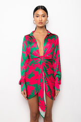 VACAY VIBES PRINTED SATIN SHIRT DRESS