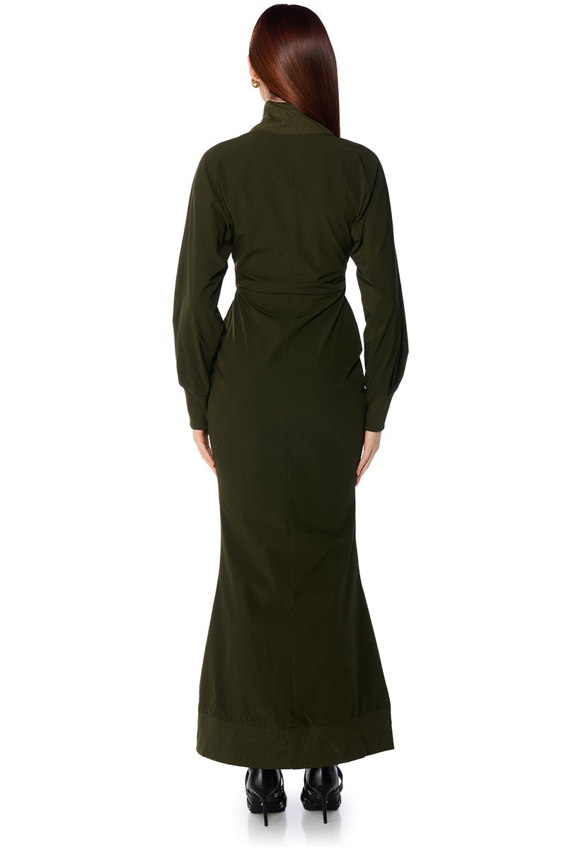 VERA LONG BOMBER DRESS JACKET IN OLIVE GREEN