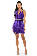 VIBRANT ALL OVER FEATHER STRAPLESS MINI DRESS
