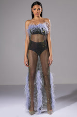 VIOLETTE RHINESTONE MESH FEATHER COLUMN DRESS
