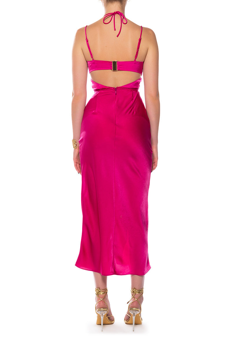 VITA CUT OUT HALTER NECK SATIN MIDI DRESS