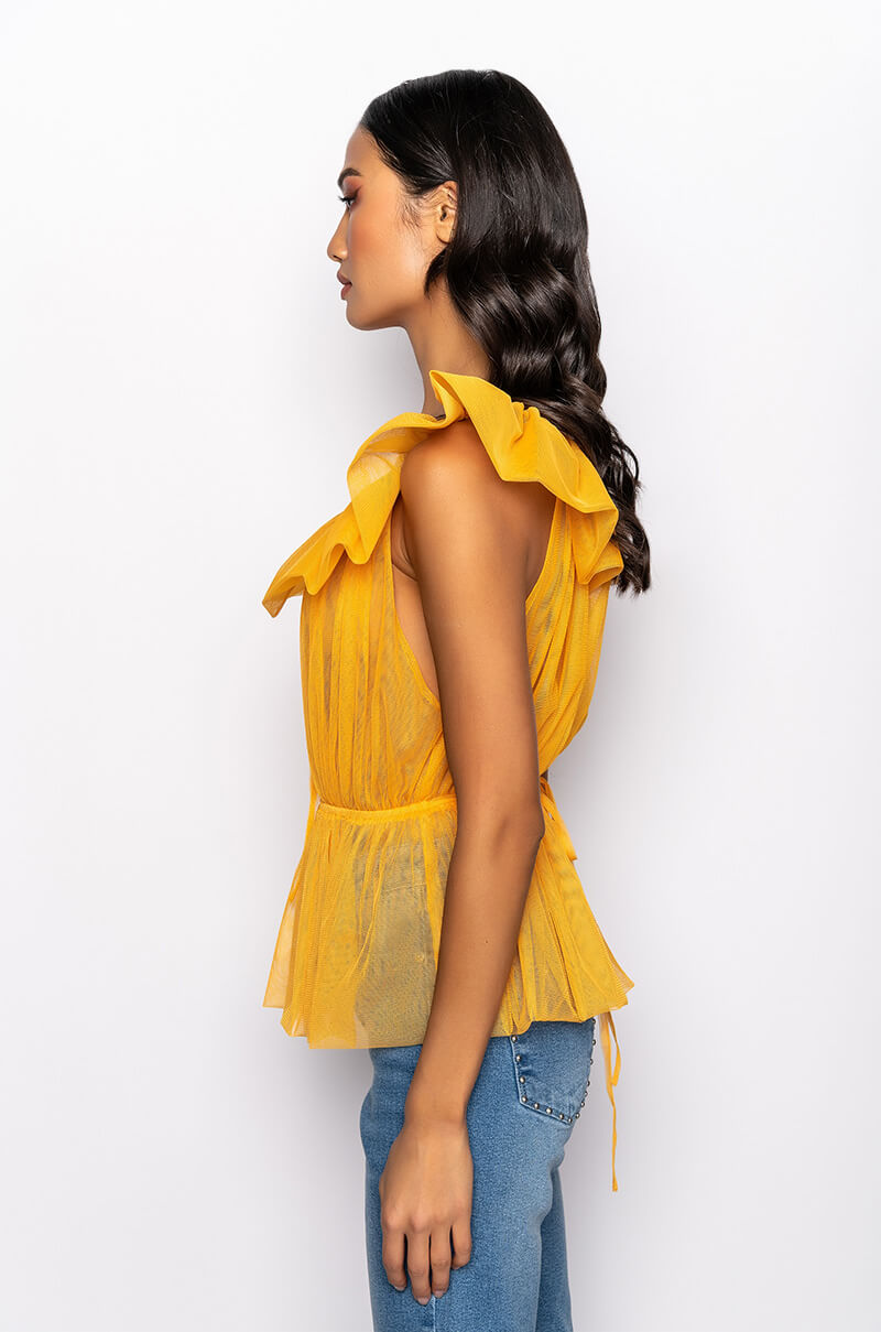ELECTRA RUFFLE COLLAR SLEEVELESS PEPLUM BLOUSE