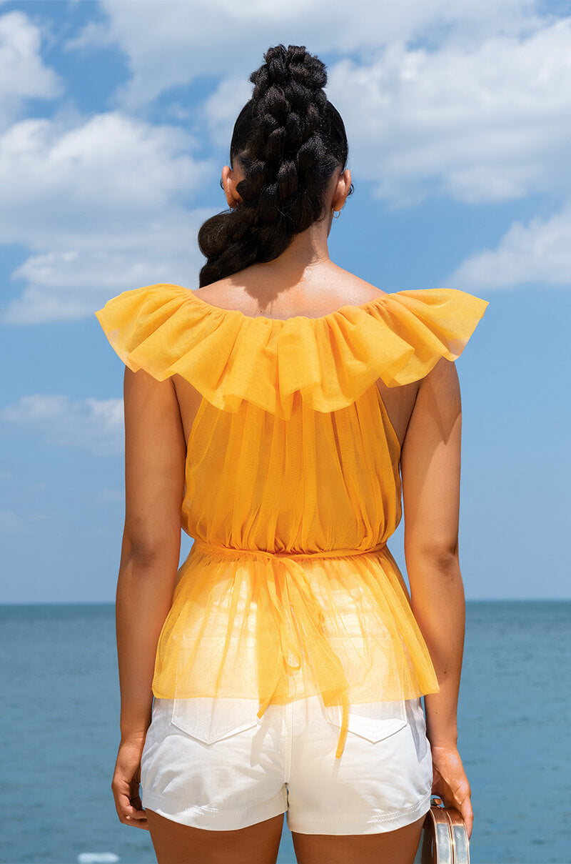 ELECTRA RUFFLE COLLAR SLEEVELESS PEPLUM BLOUSE