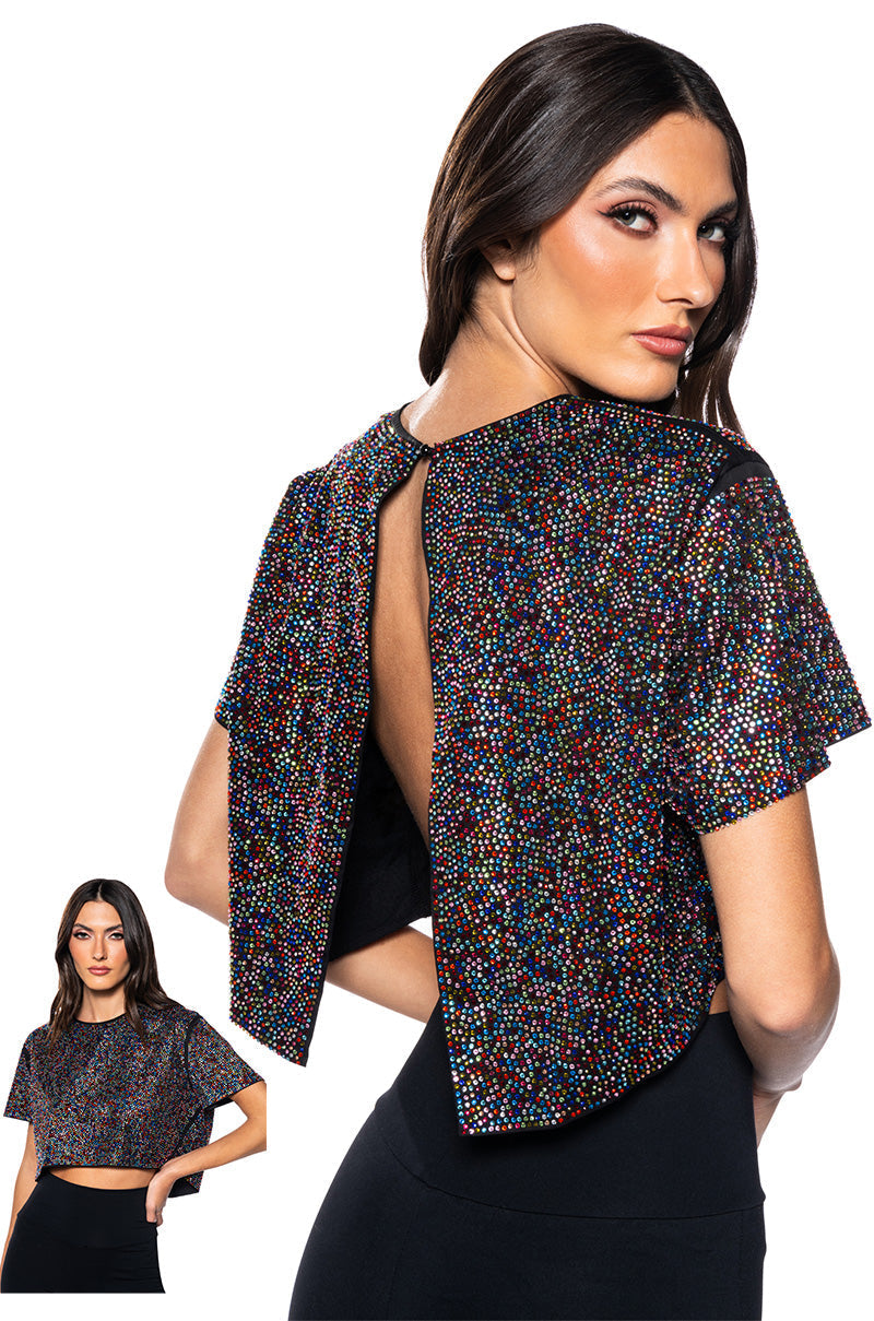 WONDERLUST RHINESTONE EMBELLISHED OPEN BACK T-SHIRT