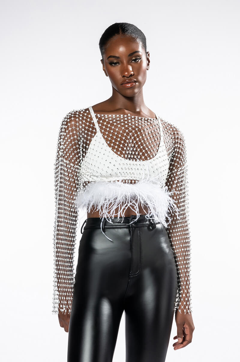 WANT MORE RHINESTONE TOP WITH FEATHER DETAILS