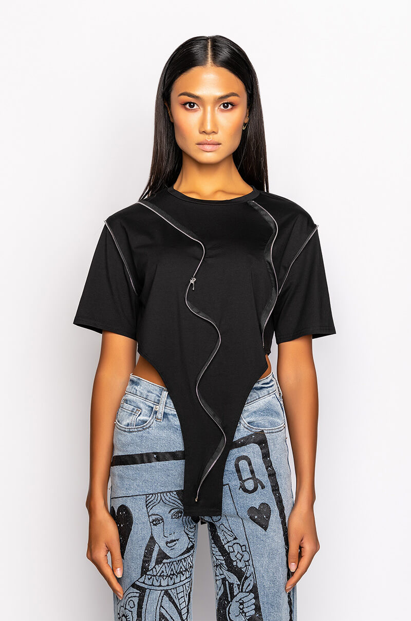WAVY BABY ZIPPER DETAIL CREW NECK TSHIRT