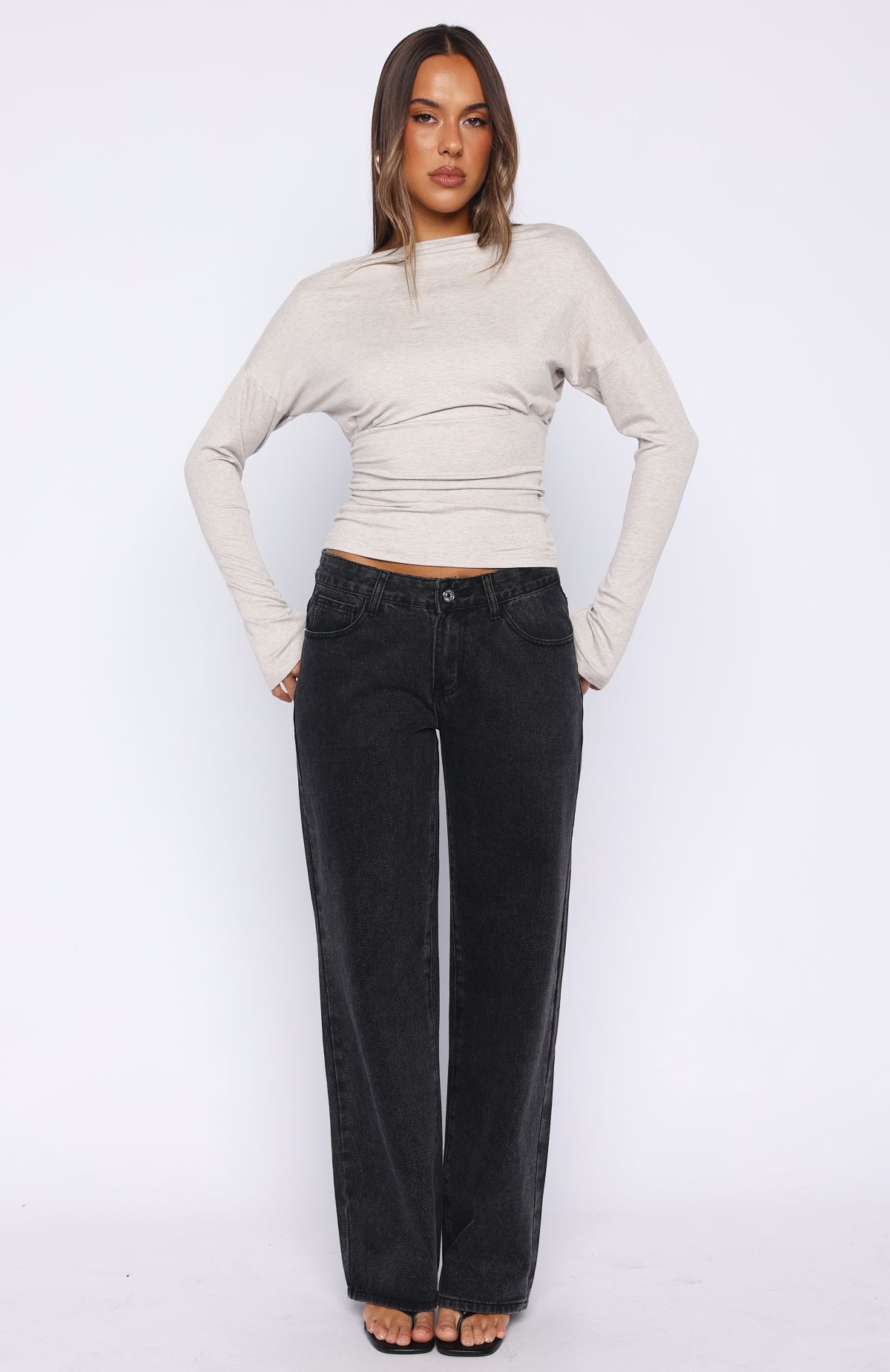 Another Time Cinched Waist Long Sleeve Top Light Grey Marle