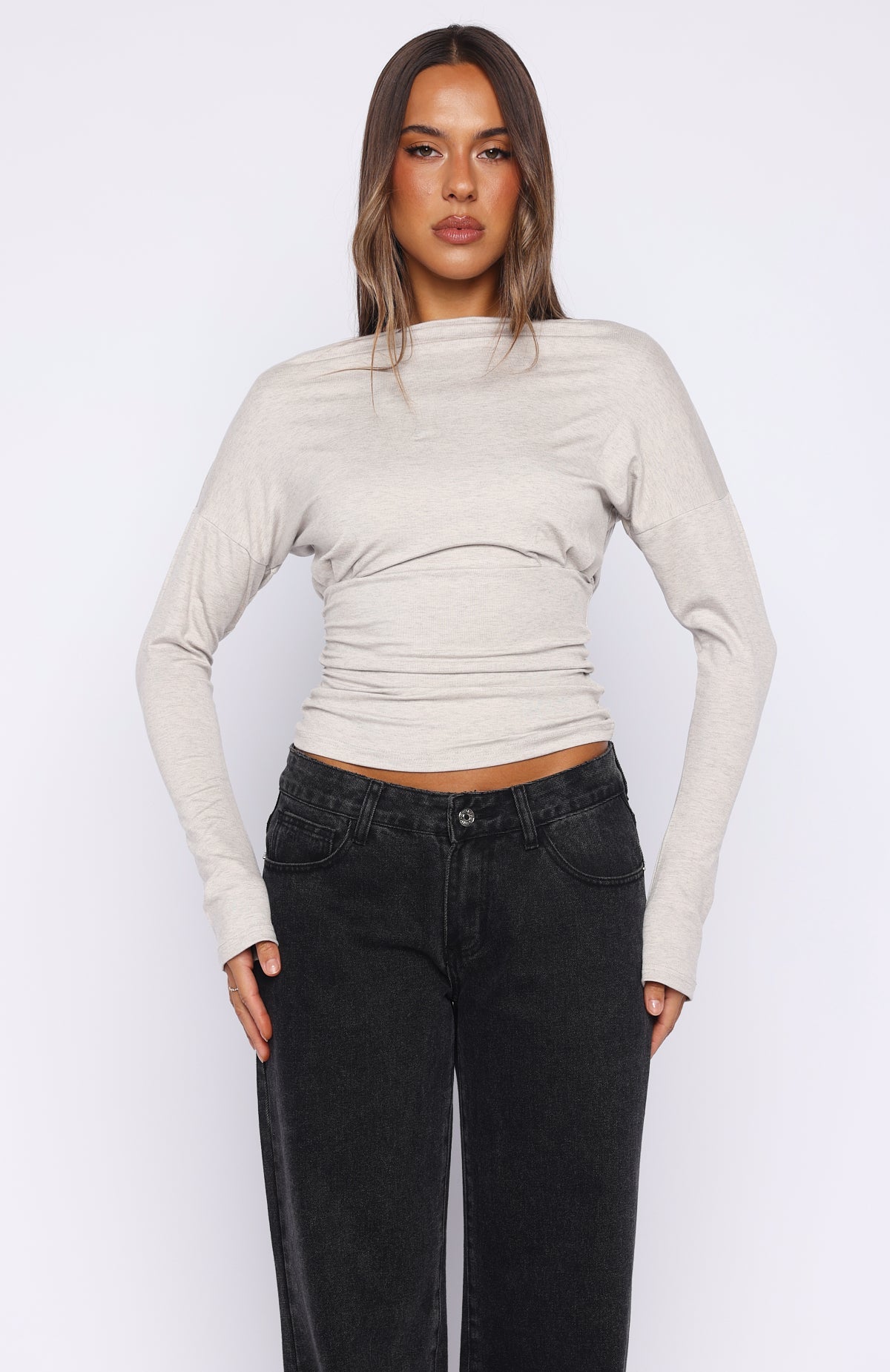 Another Time Cinched Waist Long Sleeve Top Light Grey Marle